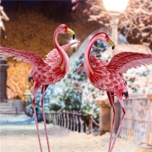 Pink Flamingo, Garden Statues and Sculptures, Metal Art Ornaments, Set of 2